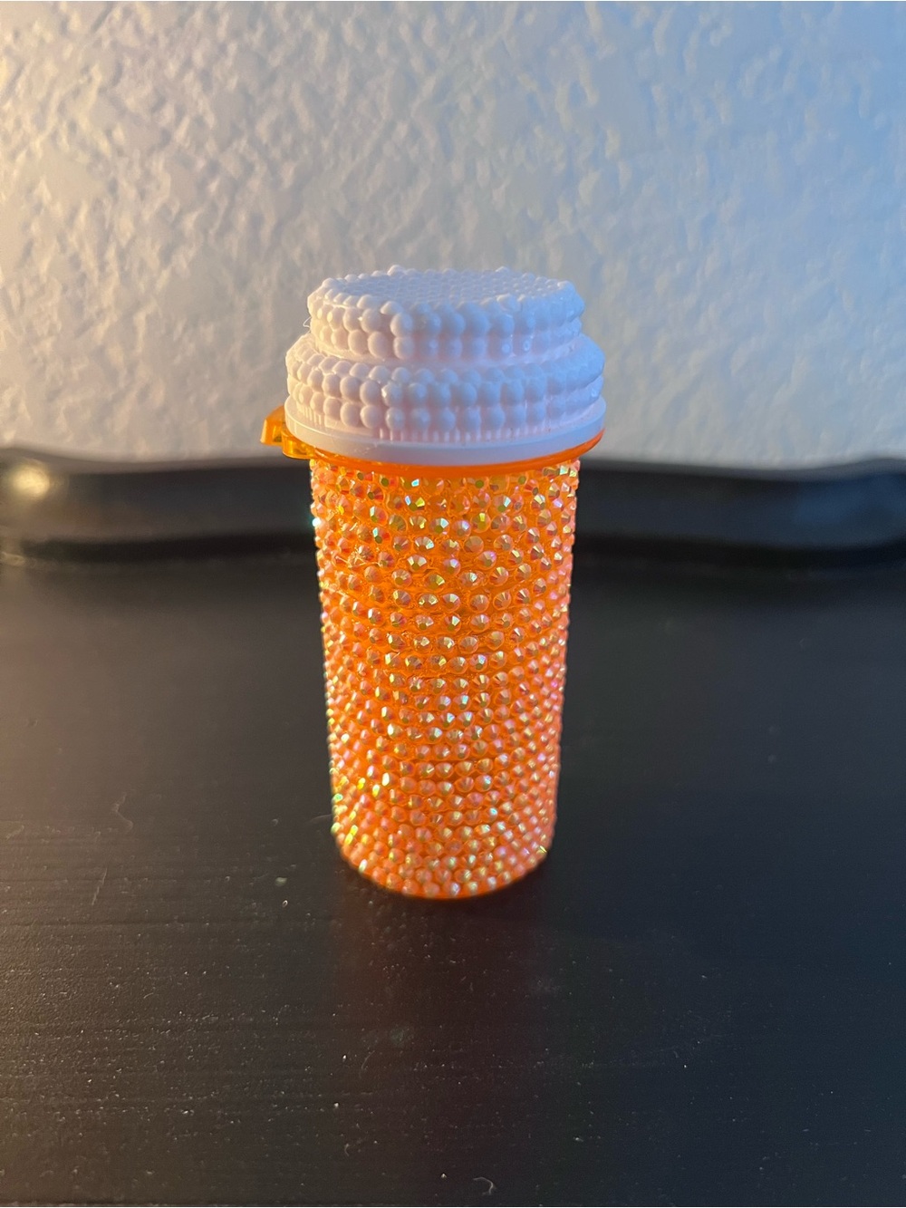 Rhinestone Pill Bottle Case Orange Sparkle Medicine Holder Travel Container